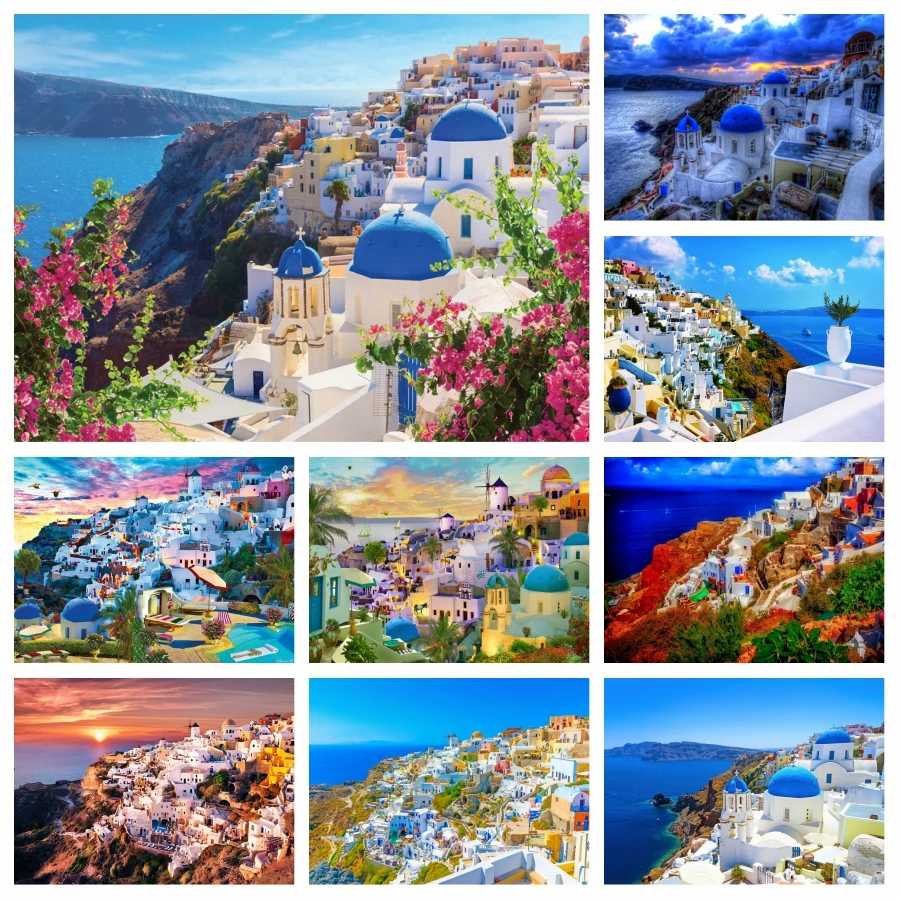 Aegean Sea Santorini Greece Island Sunset Scenery Diamond Art Painting Kits Greece Oia Seaside Town Landscape Cross Stitch De