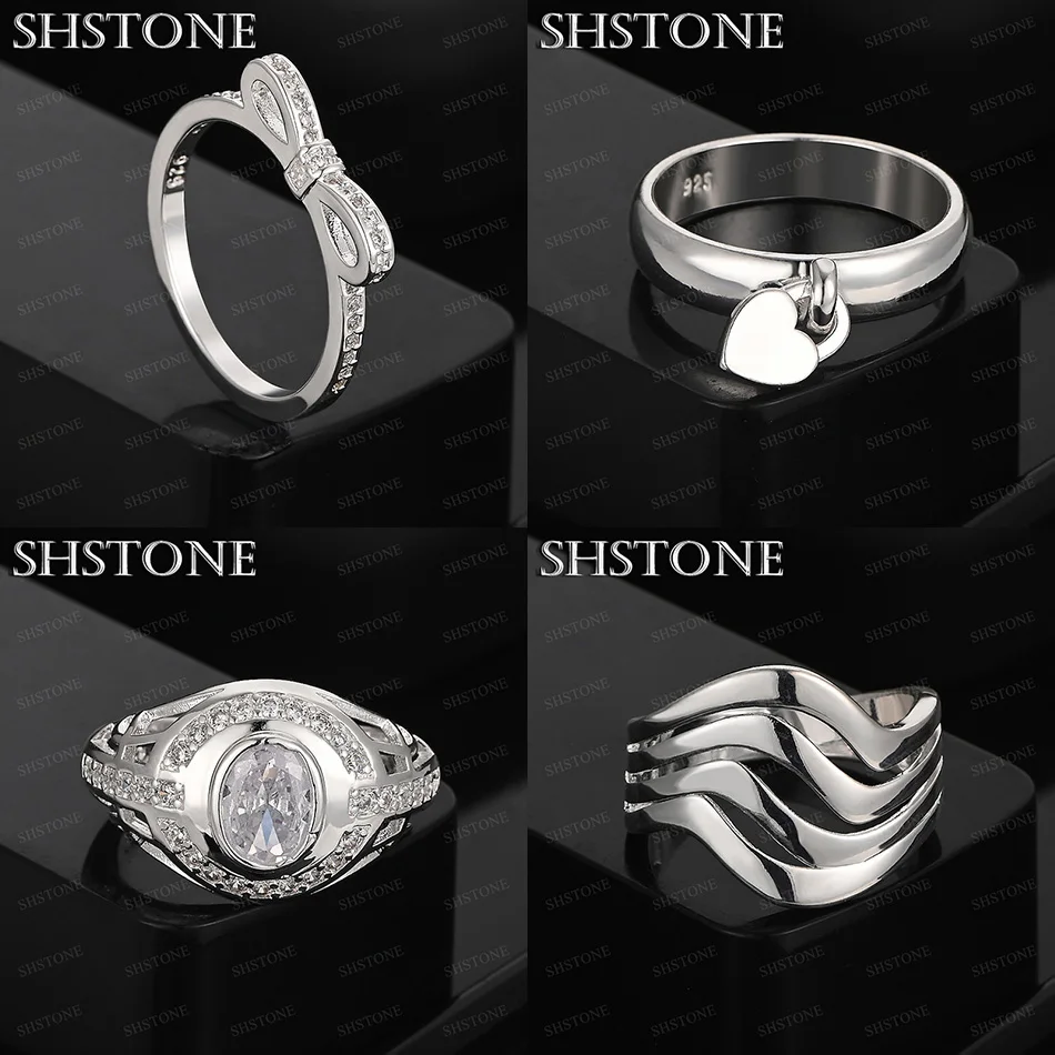 

Size 6-10 925 Sterling Silver Heart Bow Oval Zircon Wave Ring Women Charm Birthday Wedding Party Classic Jewelry Accessories