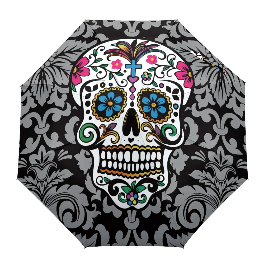 Sugar Skull Umbrellas Day of The Dead Skeleton Bone Windproof Folding Travel Umbrella Collapsible Portable Umbrella for Teens