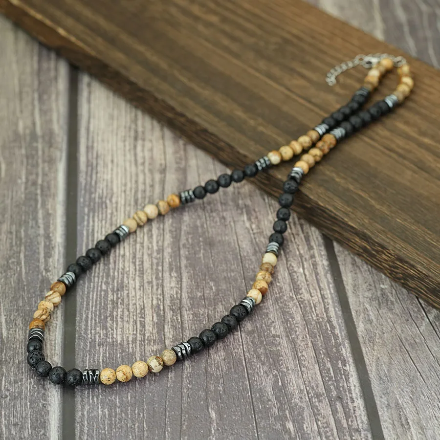 Charm 6mm Volcanic Rock Beads Necklace Men 5 Styles Tiger Eyes Fossil Stone 60cm Long Collar Jewelry Healing Casual Homme Joias