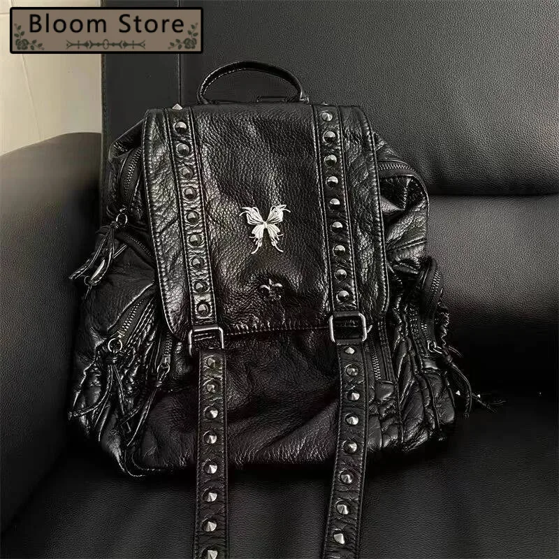 

Bloom Vintage Cross Y2k Backpack Women Retro Gothic Pu Leather Casual Black Backpacks Ladies Haruku Large Capacity Mochila