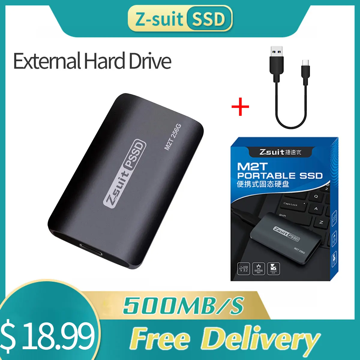 ZSUIT Laptop Mini External Hard Drive 256GB Portable Hight Speed Solid State Drive PSSD Hard Disk Type-c USB 3.1 Drives