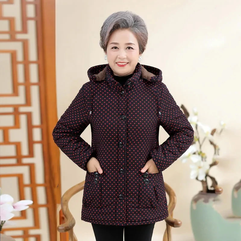 Mutter mittleren Alters Winter Baumwolle gepolsterter Mantel Mode Kapuzen muster Blumen Winter jacke Oma warme Parkas Oberbekleidung XL-5XL