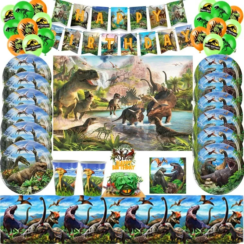 New Jurassic Dinosaur Theme Disposable Tableware Cup Plates Children's Birthday Party Dinosaur Latex Balloon Banner Decoration