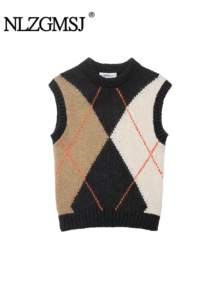 

NLZGMSJ Woman Argyle Knitted Vest Women's Elastic Vest Tops For Women 2025 New O-Neck Sleeveless Pullover Casual Waistcoats