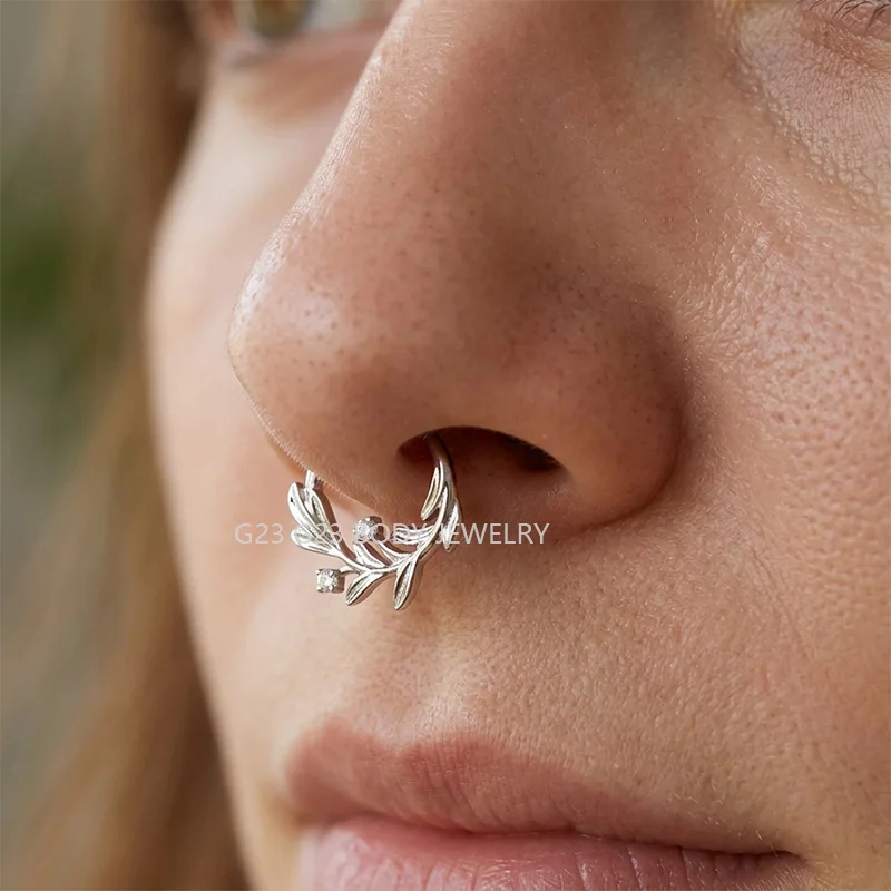 ASTM F136 Titanium EAR PIERC Nose Ring Teeth Tip CZ Ring Hoop Nose Rings Hinged Clicker Earring Ring factory Body Piercing