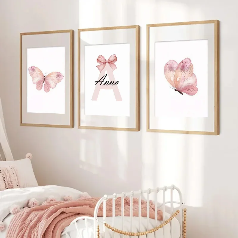 Baby Custom Name Butterfly Posters Personalized Pink Girls Room Decorative Canvas painting Nuesery Kids Bedroom Wall Art Decor