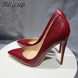 Tikicup Wine Red Snakeskin Women Sexy Pointy Toe hIgh Heel Shoes Elegant Chic Stiletto Pumps for Party Customize 8cm 10cm 12cm