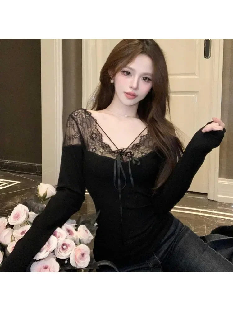 

Celebrity V Neck Lace Patchwork Tops 2025 Spring Elegant Slim Long Sleeve Base Shirt Sexy Versatile Short Blouse Femme