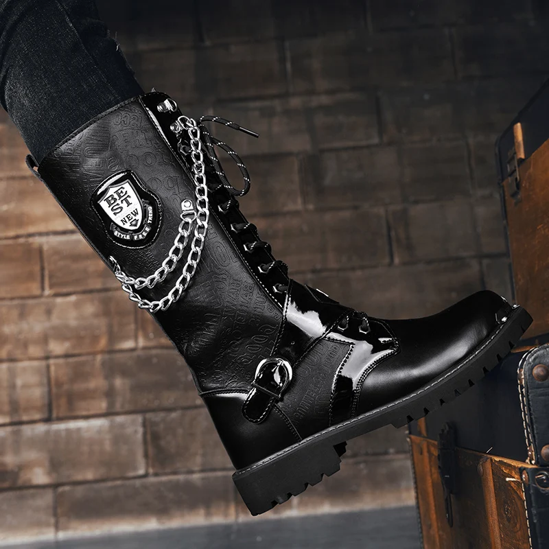 New 2023 Men Leather Motorcycle Boots Fashion Mid-Calf Punk Rock High Top Casual Boots Men Shoes Military Riding Boots Black