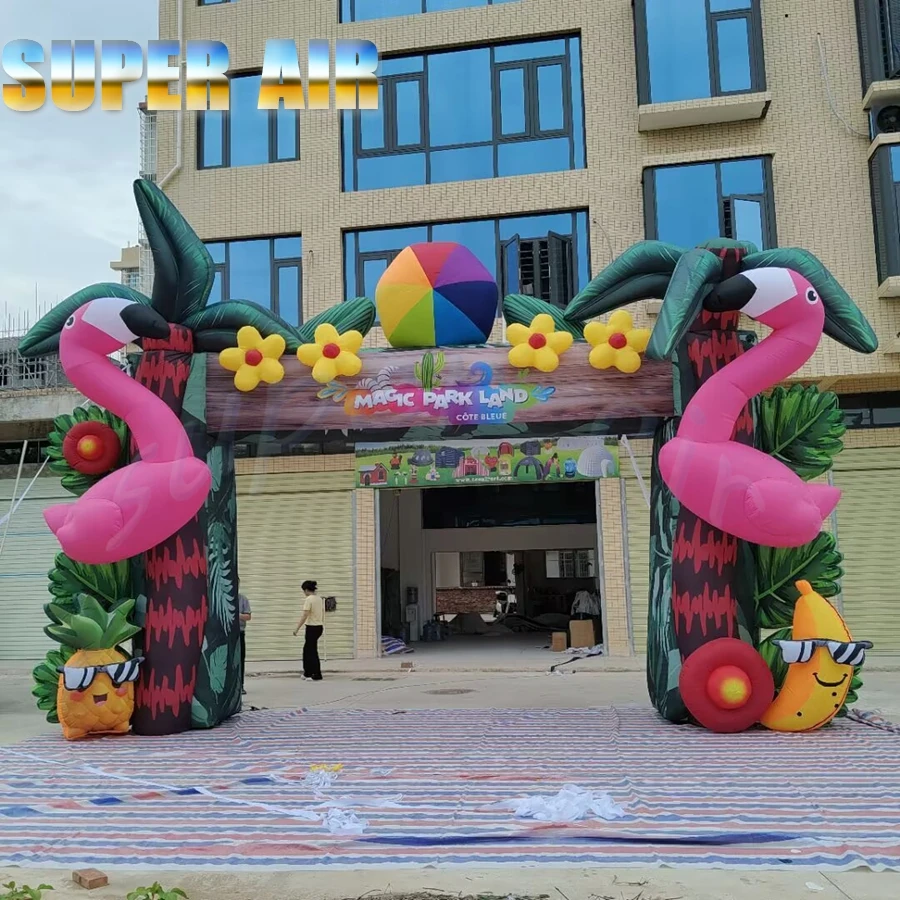 

Summer Beach Party Outdoor Tropical Inflatable Arch, Palm Tree Entrance Decoration with LED Light, Inflatable Flamingo Arch