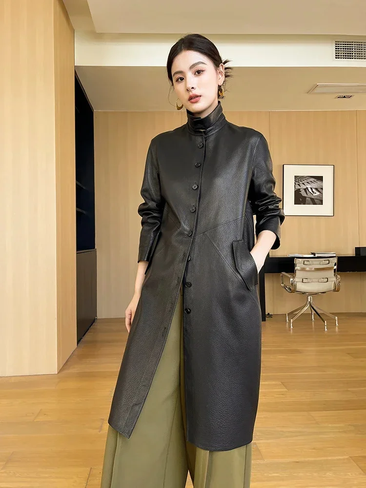 

Long Elegant Sheepskin Coat for Women Spring Fall 2024 Trend High-end Simple Single Breasted Genuine Leather Windbreaker Jacket