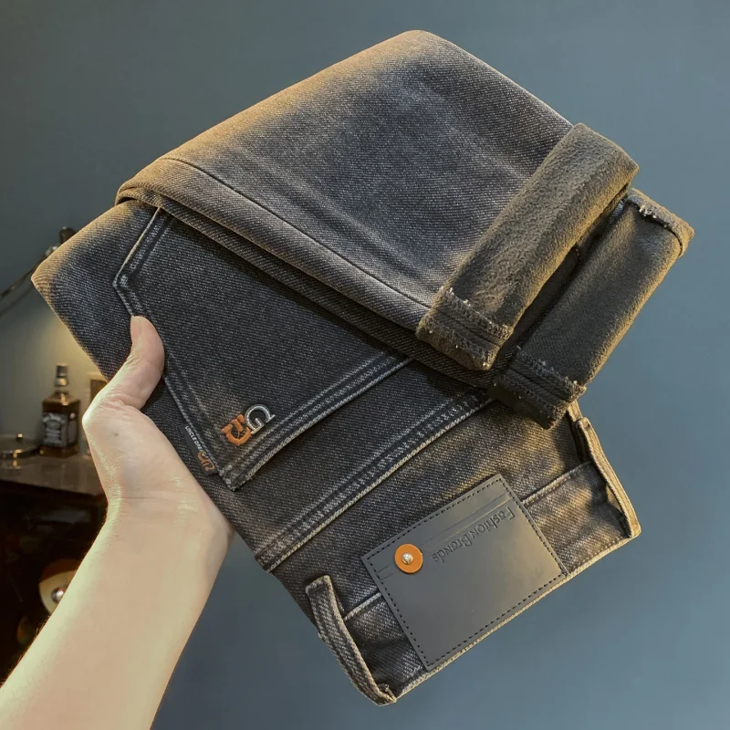 

Новинка 2023 года, плюшевые толстые джинсы для мужчин, модные универсальные черные, серые повседневные теплые и облегающие брюки с маленькими штанинами