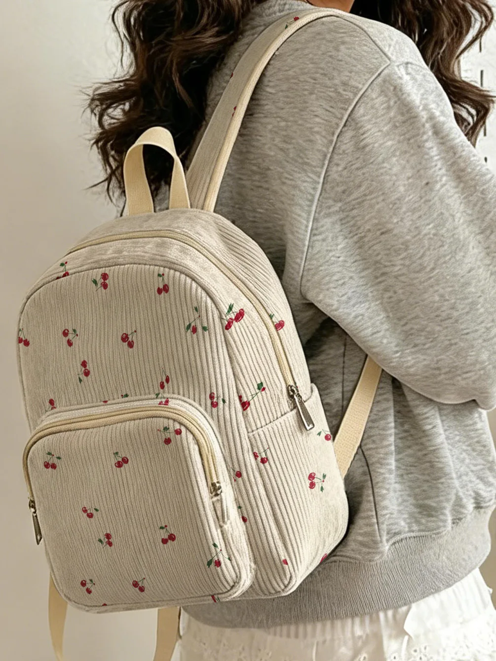 Cherry Print Allover Women Fashion Backpack Corduroy Multi-pocket Large Capacity Commuter Bag