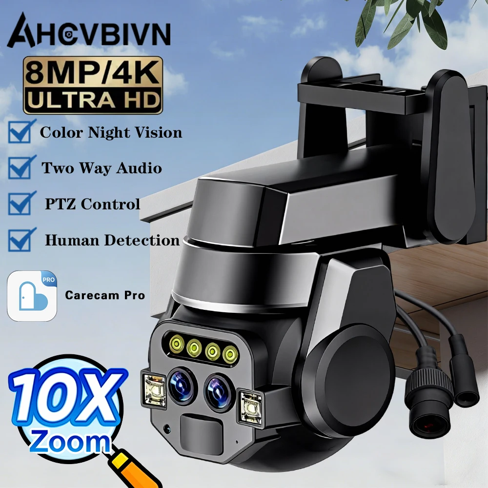 

8 МП 4K HD IP-камера видеонаблюдения с 10-кратным зумом, уличная, водонепроницаемая, с цветным ночным видением и датчиком движения, Carecam Pro