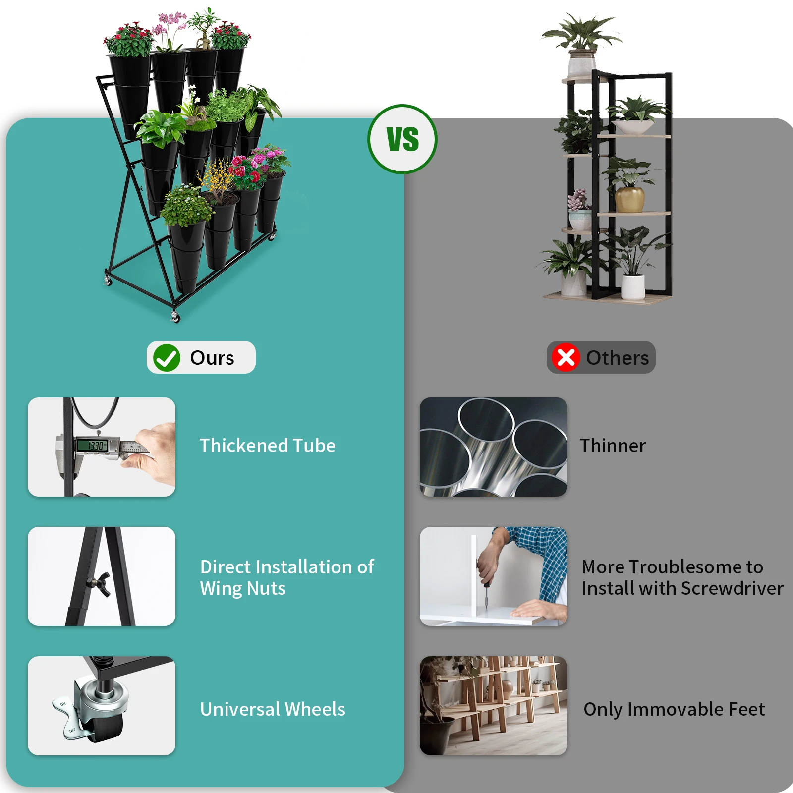 3 Tier Flower Display Shelf- 12 Buckets 3 Layers Metal Modern Plant Stand w/Wheels Flower Vase Rack Black New for Flower Shop