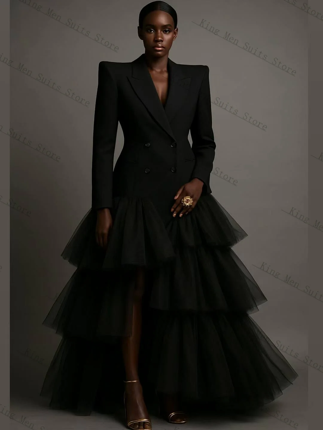 

Black Women Suit Set 2 Piece Blazer+Pants Pearls Flare Sleeves Customized Autumn Fall Formal Guest Wedding Tuxedos Party Coat