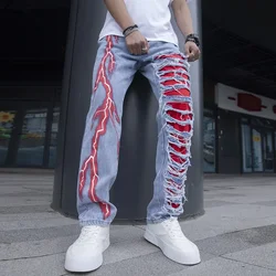 Jeans Relâmpago elástico rachado masculino, moda streetwear, calça jeans de retalhos rasgada, calças finas e magras, buracos