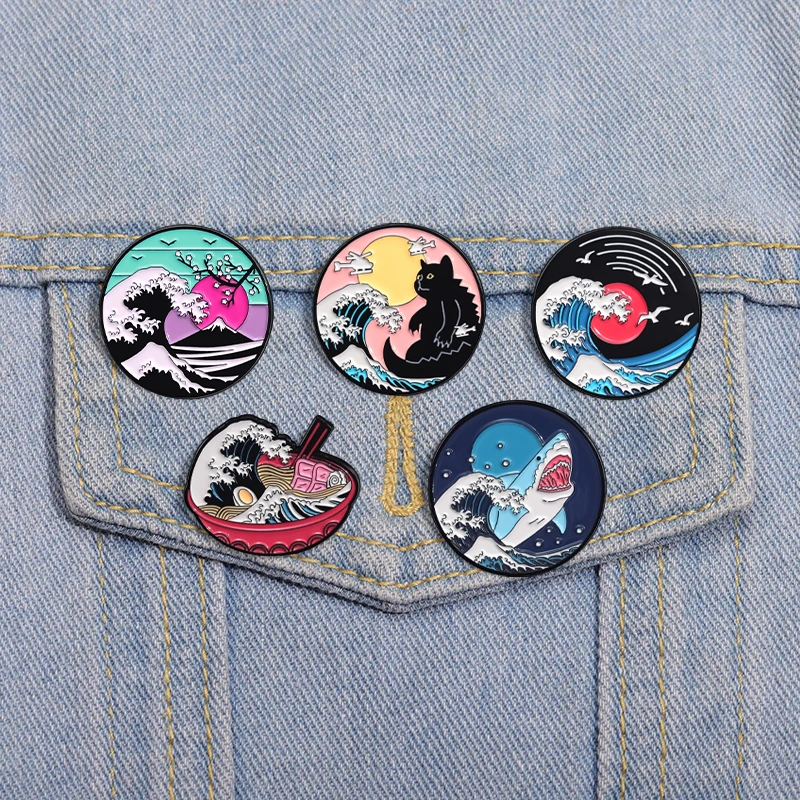 Broche creativo con pintura al óleo para coche, disco de gato negro, aguacate, ballena, barco, pato, ratón, cuervo, chica, libro, flor, calavera, Luna, insignia, joyería