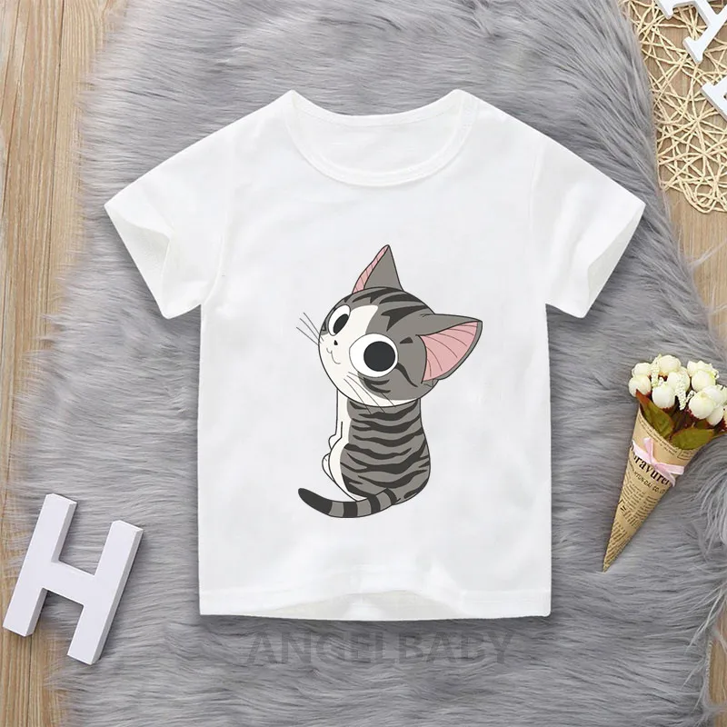 Camiseta de dibujos animados de gato Kawaii para niños, Tops bonitos de verano para niñas, ropa para bebés, camiseta de manga corta divertida para