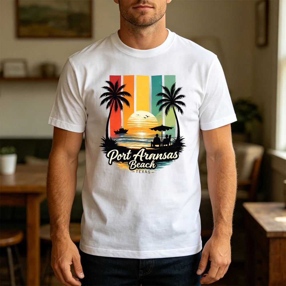 Camiseta de algodón de manga corta para hombre, camiseta informal de moda con diseño de palmera y puesta de sol de verano, Port Aransas Beach Texas, regalo para viajeros