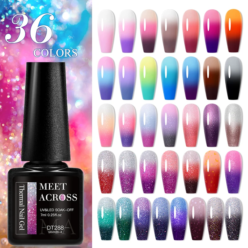 MEET ACROSS 7ML 36 Colors Thermal Gel Nail Polish Glitter Color Changing UV Gel Varnish All For Nails Art Manicure DIY Design