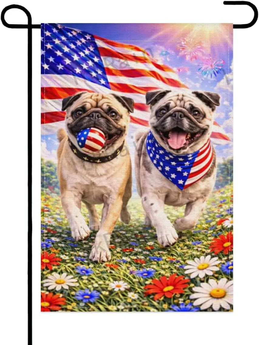 InkRain Patriotic Two Pug-Dog Garden Flag 12x18 Inch, American Flag Floral Scene, 4th of July Outdoor Yard Decoration kkz