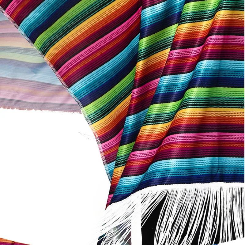 Unisex Mexican Poncho Cinco de Mayo Rainbow Striped Fringe Cape Fiesta Party Halloween Cosplay Costume Shawl for Men Women view 6