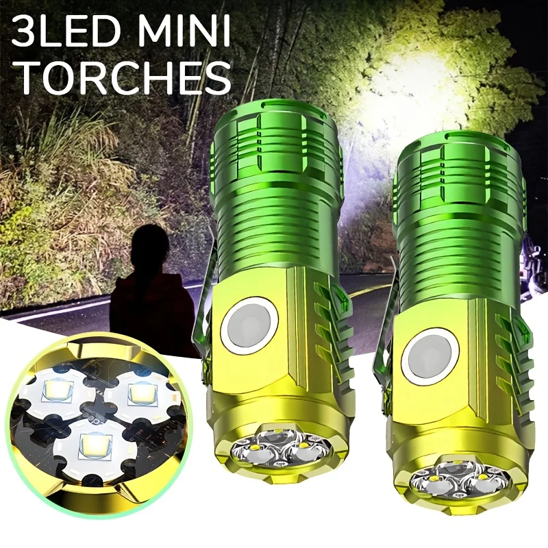Tactical 3LED Mini Flashlight Outdoor 3 LEDs Torch Hat Clip USB Rechargeable Work Light 5 Modes for Hiking Camping Car Repair