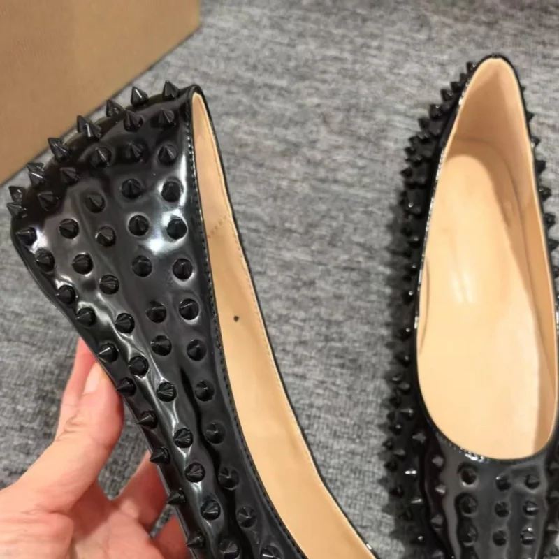 

Black Rivet Women Pumps Pointed Toe Shallow Slip-on Solid Flat Summer Female Shoes Fashion Designer Casual Footwear Red Sole