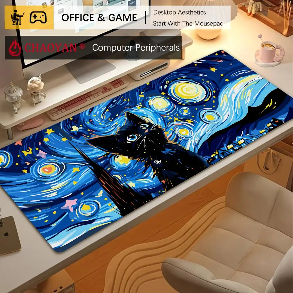 Künstlerische Sternennacht- und Katzen-Mausmatte, Schreibtischunterlage, rutschfeste, langlebige Büro-Mausmatte, Gaming-Matte mit genähtem Rand und HD-Druck