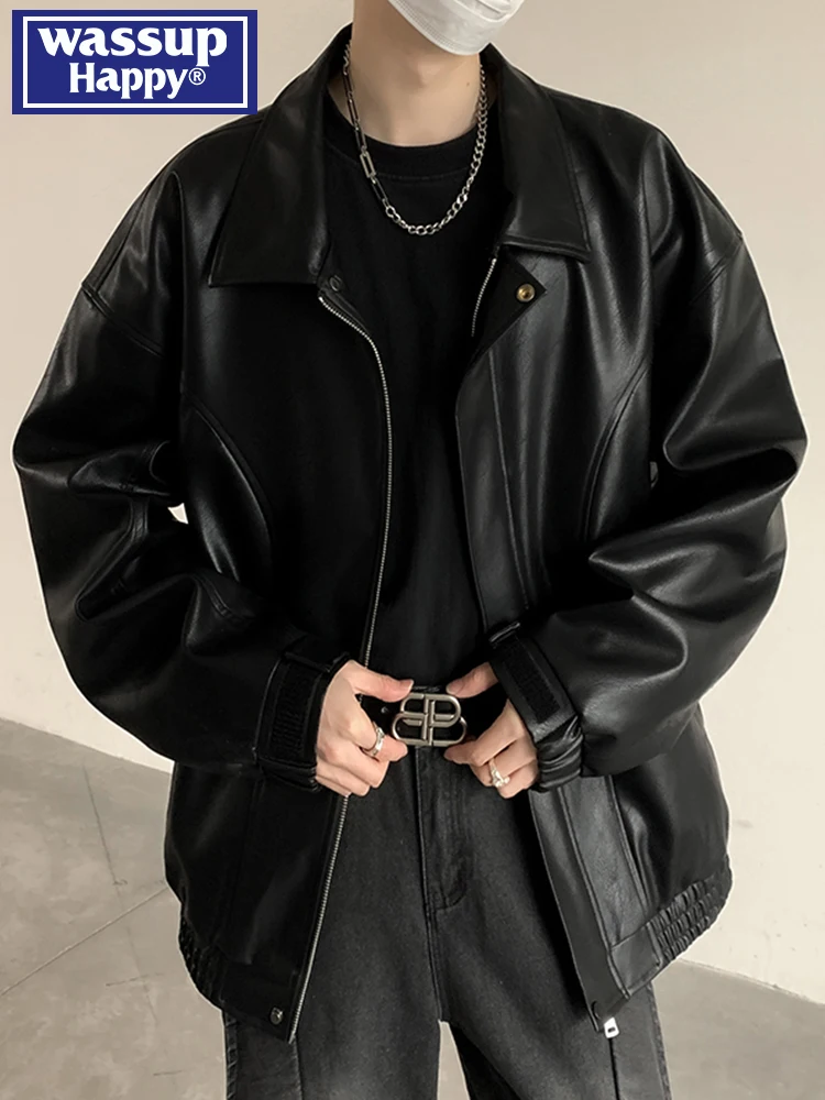 

Wassup Happy American Sle Loose Fit Casual Leather Jaet Men's Spring Autumn Trendy Brand Faionable Open Collar Jaet