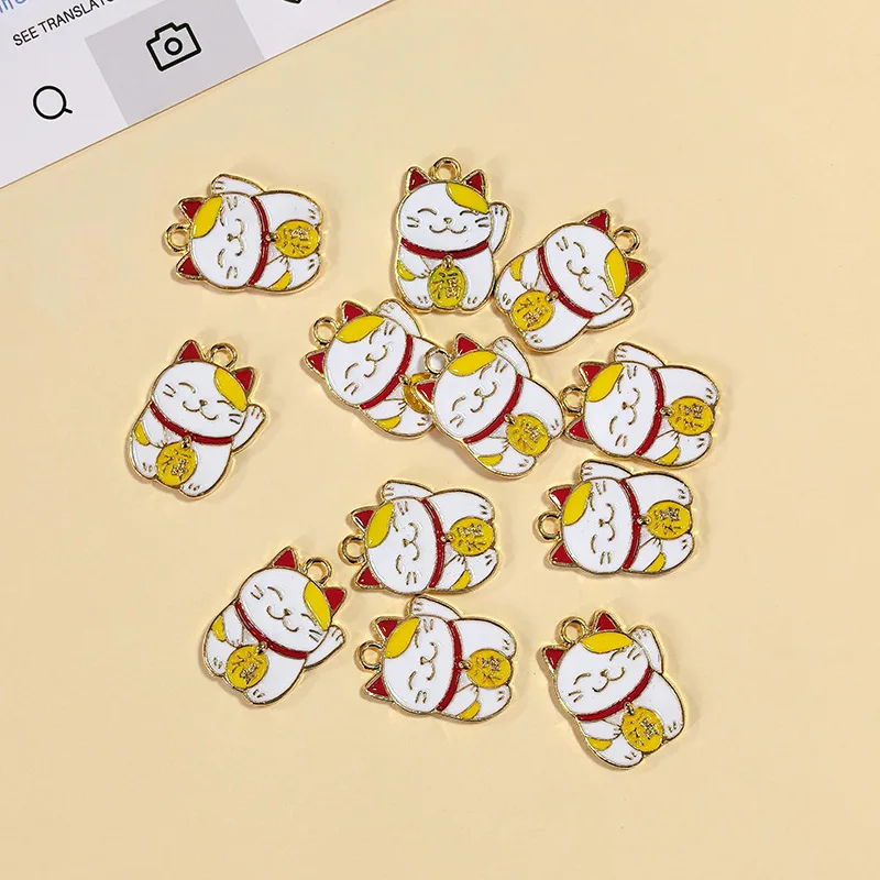 6Pcs Enamel Maneki Neko Charms, Cute Lucky Cat Pendants