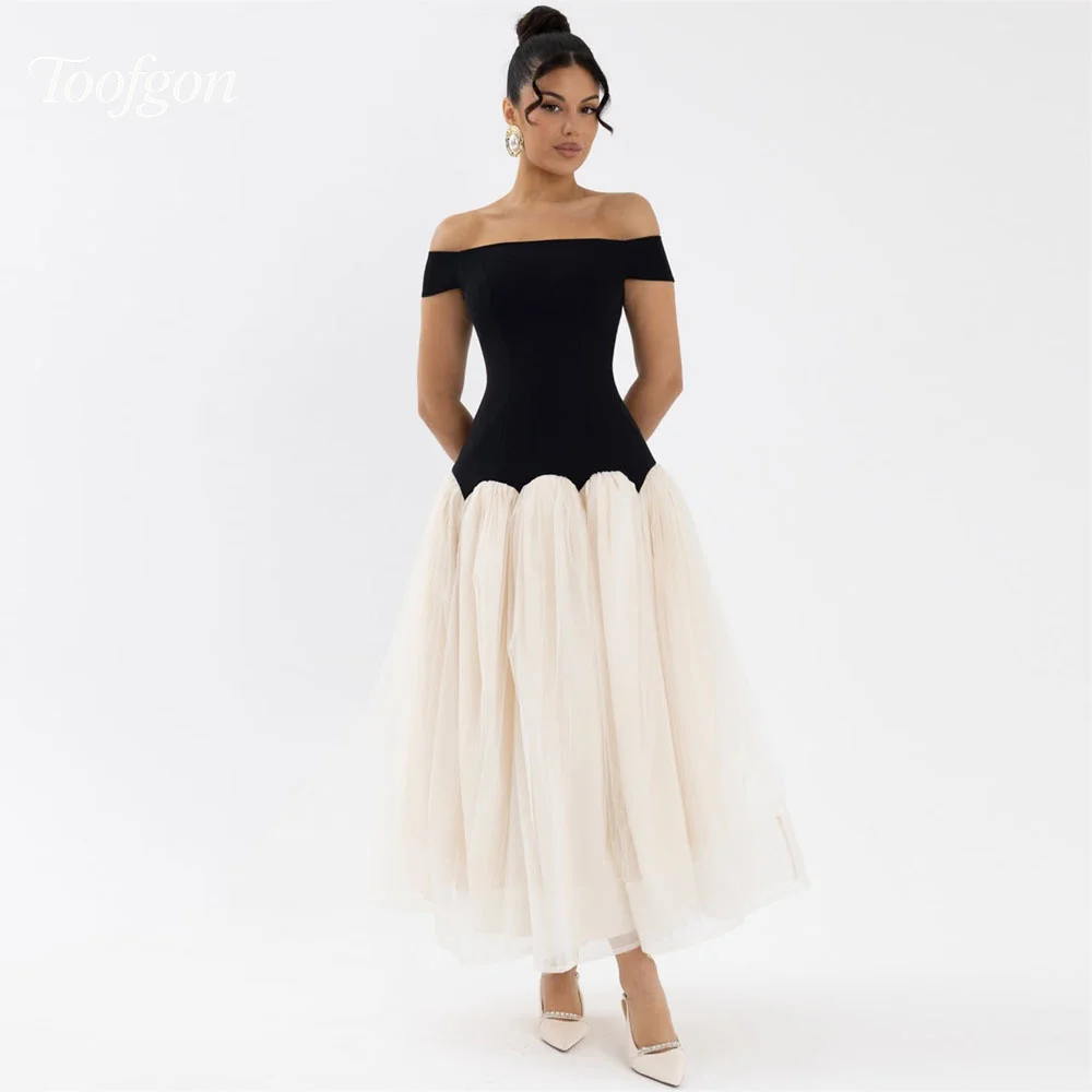 

Toofgon vestidos de fiesta Off the Shoulder Contrast Color Prom Dresses Customized Tea-Length Women Party Dresses Dresses