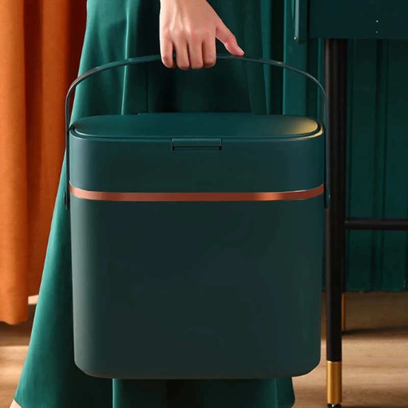 1 Piece Trash Bin With Lid And Handle Plastic Trash Bin 16 Liter Dark Green For Bedroom/Narrow Food Waste Bin/Office/RV