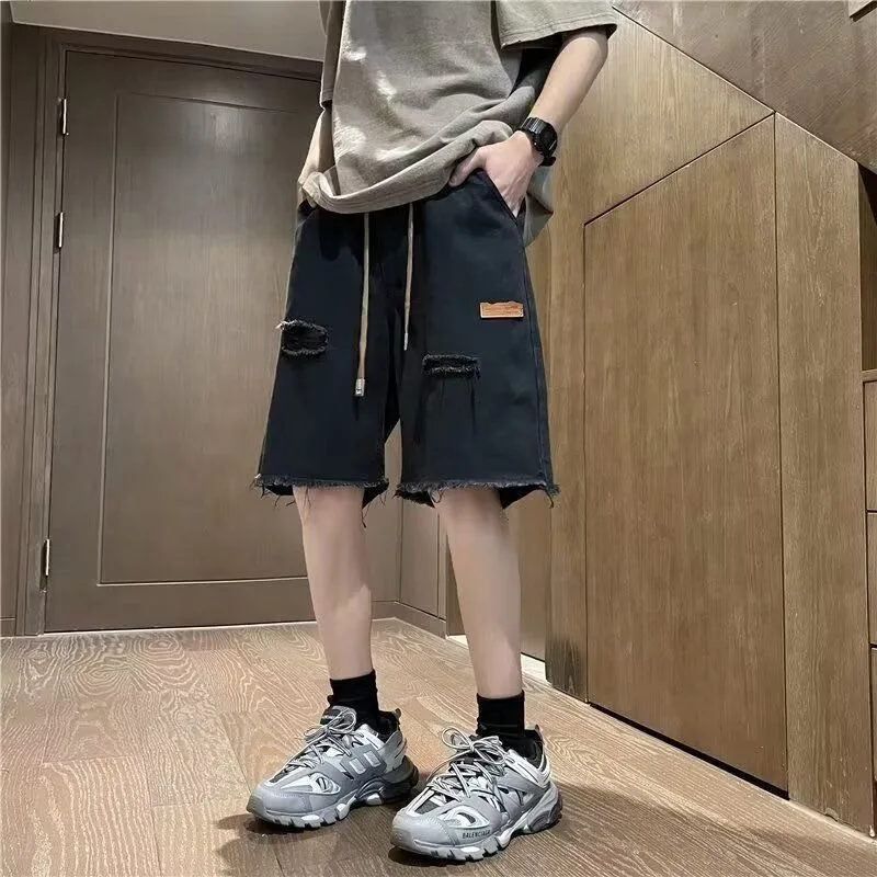 Men's Summer Trendy Washed Ripped Denim Shorts with Frayed Hem for Casual American Street Style and Comfortable Daily Wear