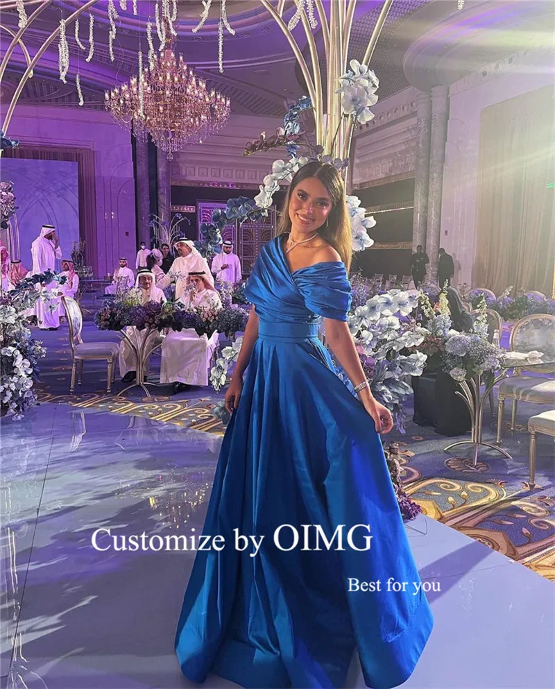 OIMG Vintage Royal Blue Satin Evening Dresses Long Robe de soiree Off the Shoulder Saudi Arabic Women Party Formal Prom Gowns