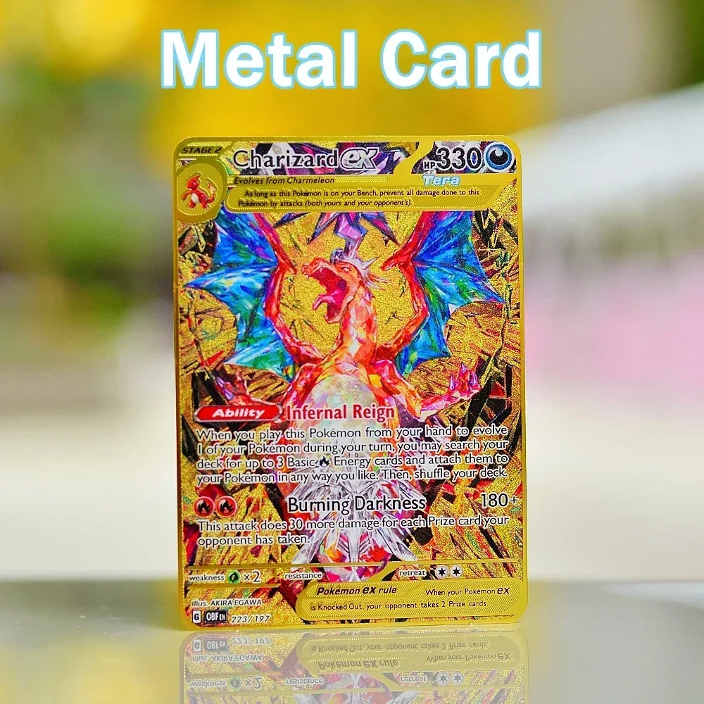 Pokemon Card Metal Pokémon Letters Van Gogh Gold Iron Cards Charizard Vmax Pikachu Gx Mewtwo Ex Vstar Anime Game Toys Kids Gifts