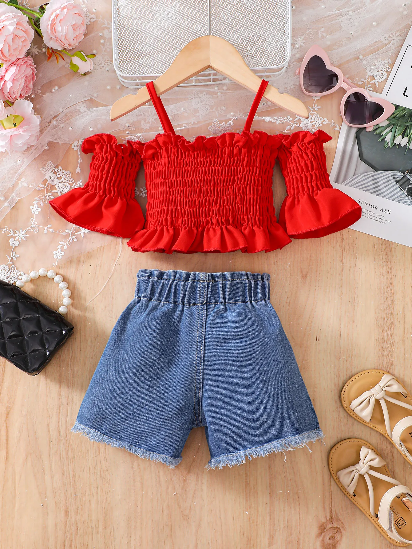 Fashionable Baby Girls\' Summer Holiday Solid Color Camisole & Off Shoulder Top And Distressed Pocket Denim Shorts Set