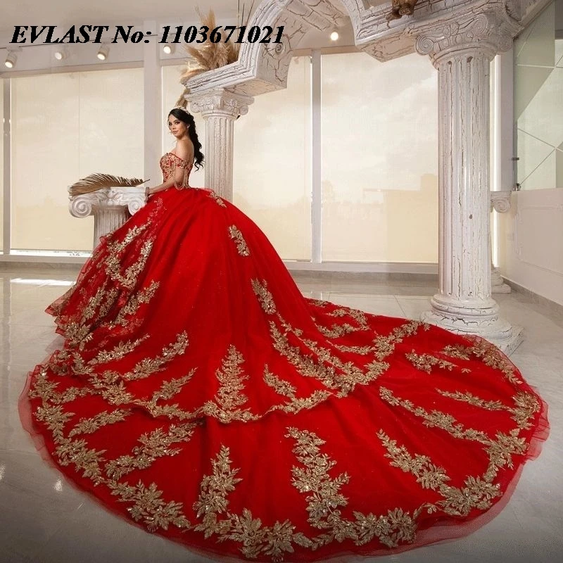 EVLAST-vestido quinceanera vermelho mexicano, vestido floral dourado de baile, aplique de renda, espartilho, espartilho, doce 16, XV 15, 15 anos, SQ73