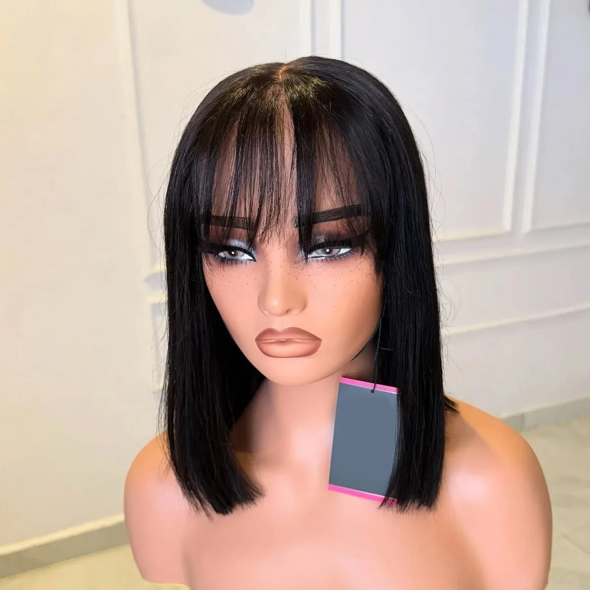 

Black Short Bob Body Wave Lace Frontal Wig With Bangs 13x4 HD Pre Plucked Hairline Transparent Heat Resistant Synthetic Cosplay