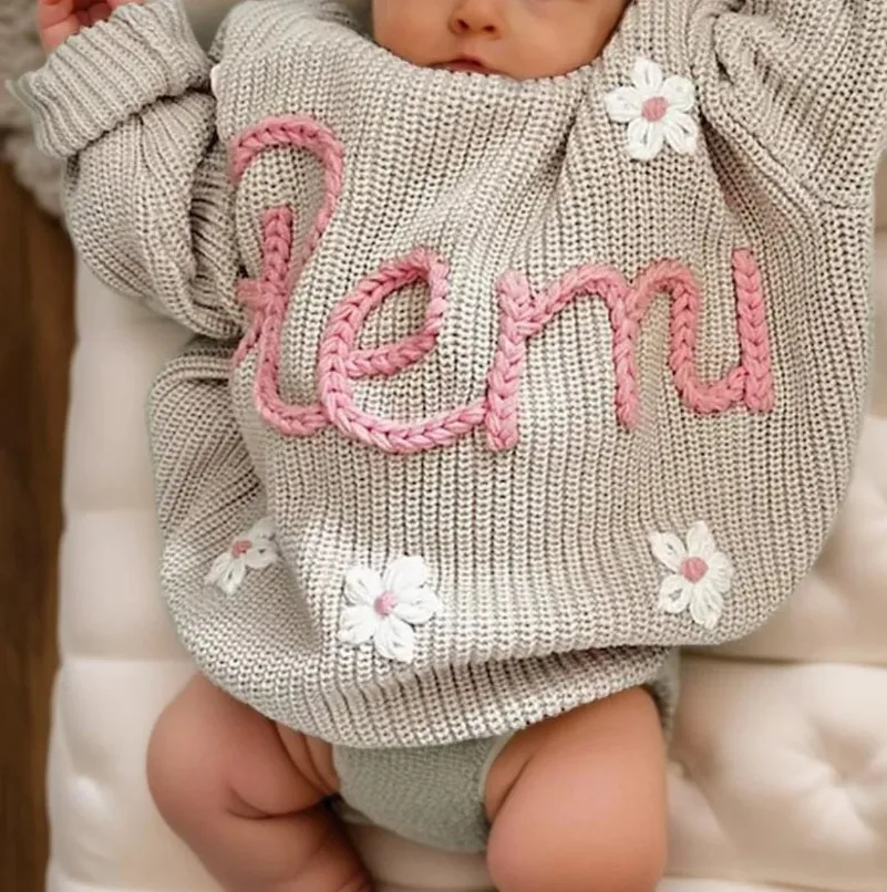 New Custom Name Kids Clothes Girls Boys Personalized Baby Sweaters Handmade Thick Line Embroidery Children's Knitted Sweater view 4