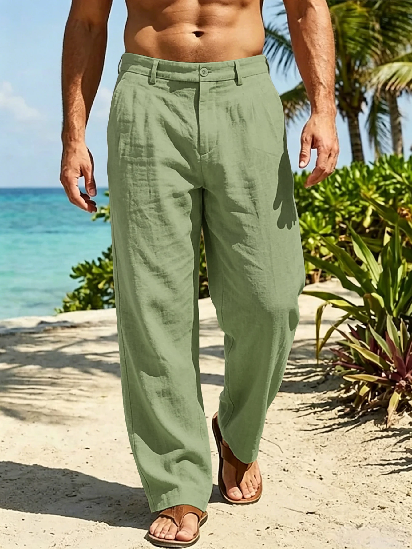 New Summer Linen Trousers For Men, Lightweight, Breathable, Straight-Leg, Loose-Fitting Or Draping Long Pants for Beach Vacation