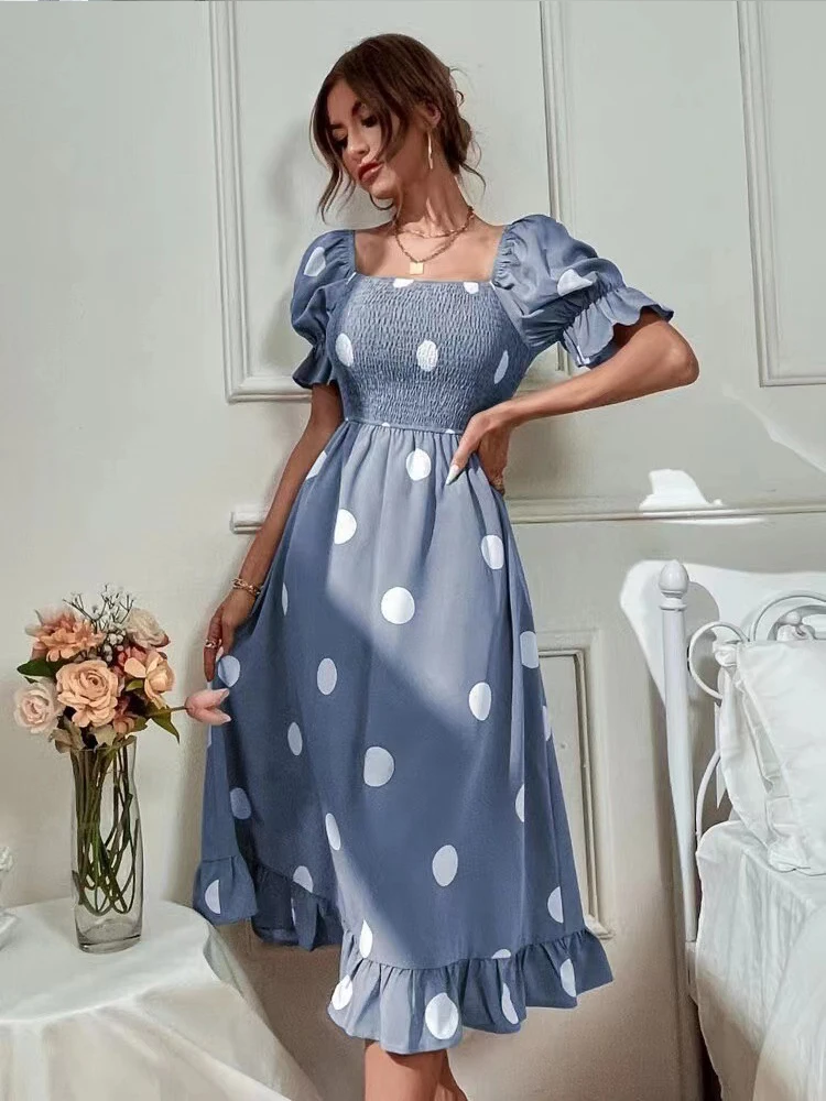 Bohemian Mid-Calf Dress Fashion Polka Dot Print Short Sleeve Dresses Summer Women Square Collar Beach Dress 2024 Spring New