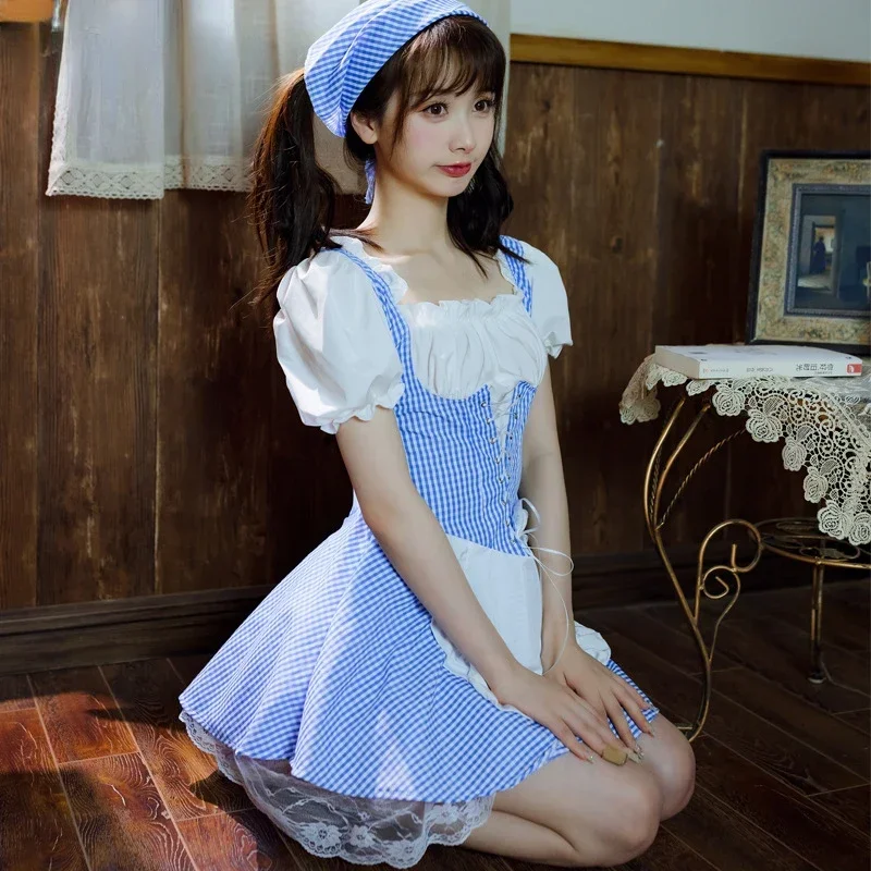 Girls Japanese Style Sexy Maid Costume Short Sleeve Slim Blue Check Lolita Uniform Attendant Waitress Cute Sweet Apron Dress Xxl