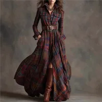 Leisure Grid Printed Long Sleeve Shirts Dress Autumn New Long Sleeve Pocket Dress Elegant Ladies Loose Pleated Commute Dresses - Image 3