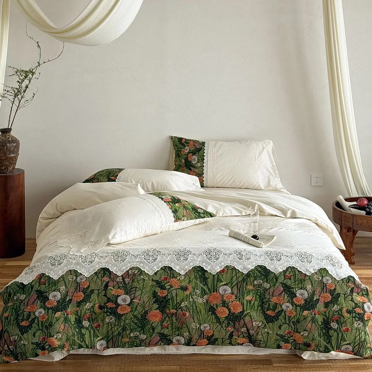 Vintage French-style Printed Patchwork Lace 1000TC Egyptian Cotton Bedding Set Duvet Cover Flat/Fitted Bed Sheet Pillowcase 4Pcs