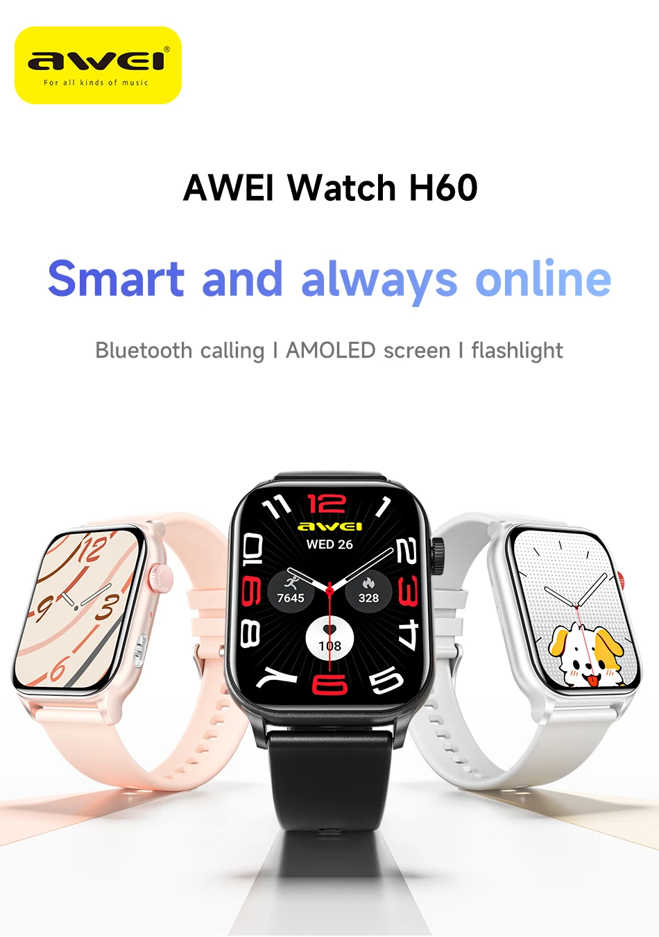 

Awei H60 AMOLED Smart Watch Waterproof Bluetooth Call Blood Pressure Monitor Man Sports Watch Digital Wristwatch Fitness Tracker