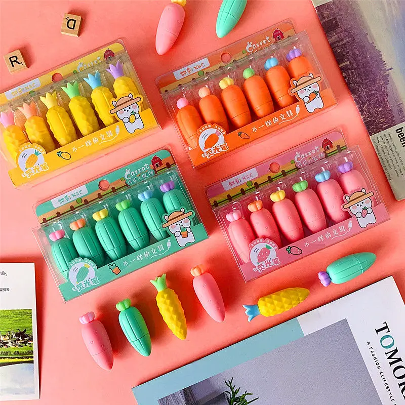 Cute cartoon vegetables carrot fruit six-color highlighters set children's mini kawaii art marker student office stationery