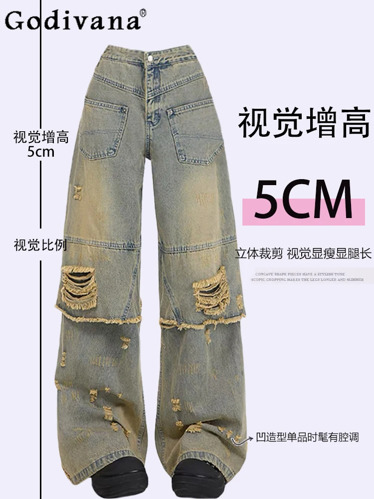 

Large Size 2XL-6XL American Personality Street Women Wide-leg Jeans Temperament Retro High Waist Loose Ripped Straight Trousers